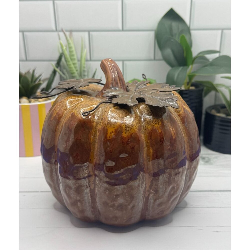 Ceramic Pumpkin With Metal Leaf Accents